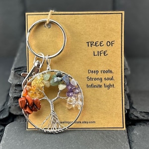 Porte-clés coloré arbre de vie à breloques avec carte-cadeau Cadeau spirituel pour un ami, une fille ou un être cher Cristaux de guérison pour les chakras