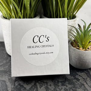 May include: A square white box featuring a circular sticker with the black text CC's HEALING CRYSTALS and the URL ccshealingcrystals.etsy.com printed in the center. The box is positioned in front of two potted green plants with textured gray pots.