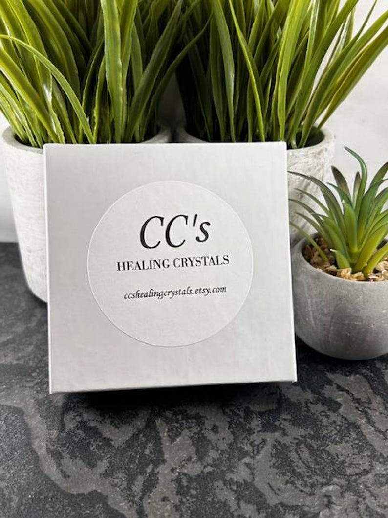 May include: A square white box featuring a circular sticker with the black text CC's HEALING CRYSTALS and the URL ccshealingcrystals.etsy.com printed in the center. The box is positioned in front of two potted green plants with textured gray pots.