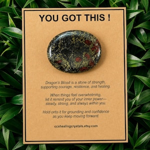 May include: An oval-shaped Dragon's Blood stone with black, green, and red mottled patterns mounted on a rectangular tan card. The card features the text YOU GOT THIS ! and descriptive text about the stone's properties and the website ccshealingcrystals.etsy.com.