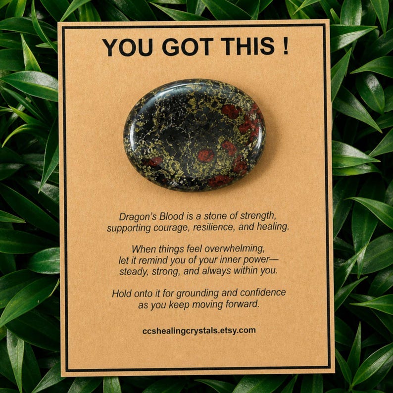 May include: An oval-shaped Dragon's Blood stone with black, green, and red mottled patterns mounted on a rectangular tan card. The card features the text YOU GOT THIS ! and descriptive text about the stone's properties and the website ccshealingcrystals.etsy.com.