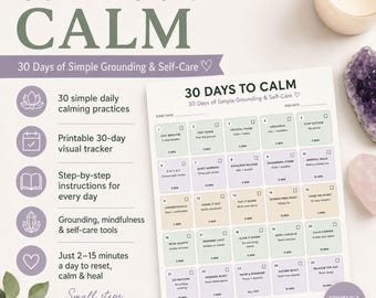 30 Days to Calm Printable, 30 Day Self Care Challenge, Nervous System Calming Guide, Grounding Exercises, Mindfulness Digital Download