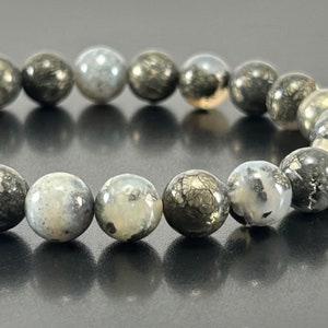 Genuine Marcasite Agate Gemstone Bracelet, White Pyrite Bracelet , Unique Jewelry ,Beaded Bracelets for Men, Women, Healing Crystal Bracelet