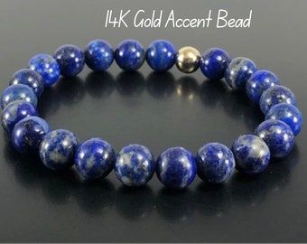 Natural Lapis Lazuli Bracelet ,14K Gold, 8mm 6mm ,Genuine Lapis Lazuli Crystal Bracelet, Men Women Lapis Jewelry Beaded Bracelet Gift Box