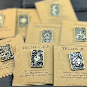 Tarot Card Enamel Pin with Tarot Meaning Card Lapel Pin The Magician, The Lovers, Strength & More Spiritual Gift for Tarot Lovers Tarot Pin