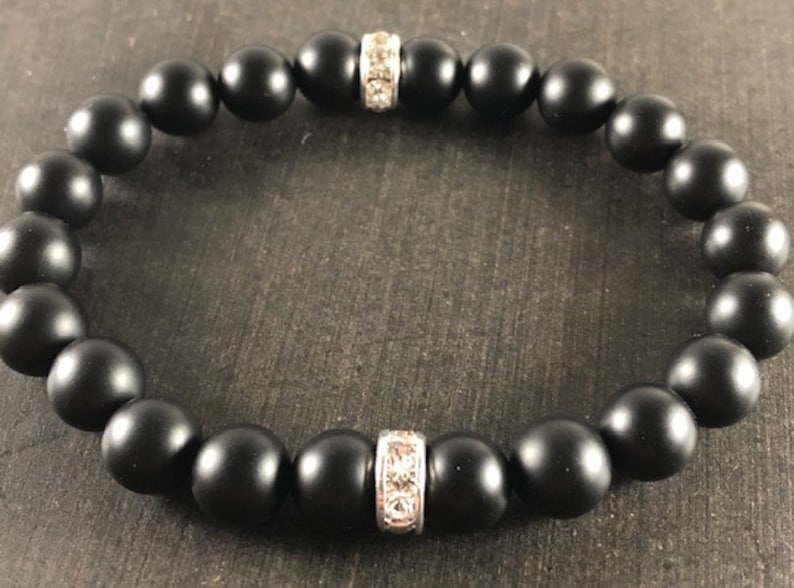 Gemstone Jewelry Matte Black Bling Bracelet Set Cross Jewelry Cross Charm Bracelet Black Onyx Healing Crystal Bracelet Set