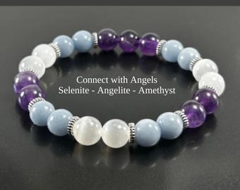 Handmade Amethyst Selenite Angelite Beaded Bracelet: Healing Crystal Jewelry