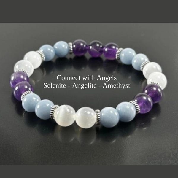 Handmade Amethyst Selenite Angelite Beaded Bracelet: Healing Crystal Jewelry
