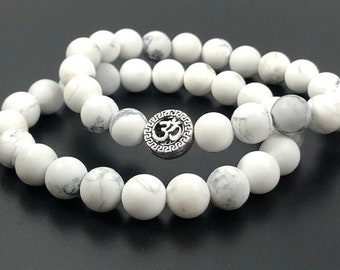 925 Sterling Silver Bracelet, OM Namaste Bracelet, Women Bracelet, Men Bracelet, 6mm 8mm Howlite Gemstone Beaded Bracelet , Namaste Bracelet