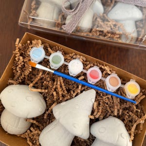 May include: A craft kit featuring mushroom-shaped figurines, paint pots in various colors, and a paintbrush. The kit includes several unpainted mushroom figurines, packaged in a clear box and a cardboard box with brown paper filler.