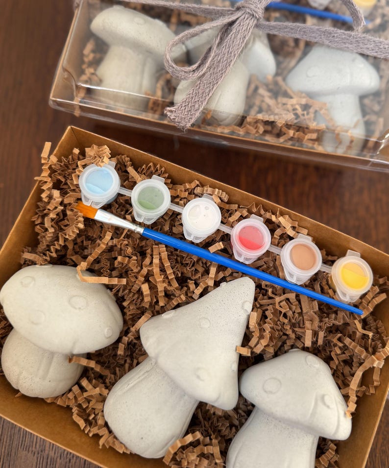 May include: A craft kit featuring mushroom-shaped figurines, paint pots in various colors, and a paintbrush. The kit includes several unpainted mushroom figurines, packaged in a clear box and a cardboard box with brown paper filler.