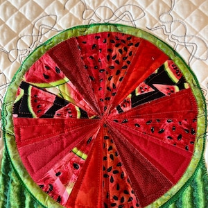 Summer table topper handmade quilted wall hanging, watermelons and ants, 4th of July picnic decor