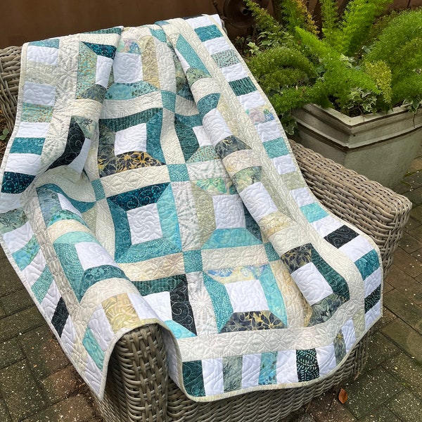 Handmade modern quilt, beach lake ocean sea decor lap throw blanket, baby quilt gift, comforter, blue green teal white, twin daybed coverlet