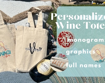 Monogram Wine Tote | Customized Wine Tote | Canvas Wine Tote | Embroidered Monogram | Embroidered Name Tote | Canvas Tote | Wine Tote
