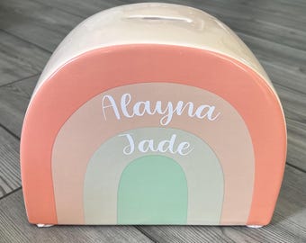 Personalized Elephant, Piggy, Rainbow & Bunny Banks with Birth Stats | Customized Baby Gift | Birth Announcement