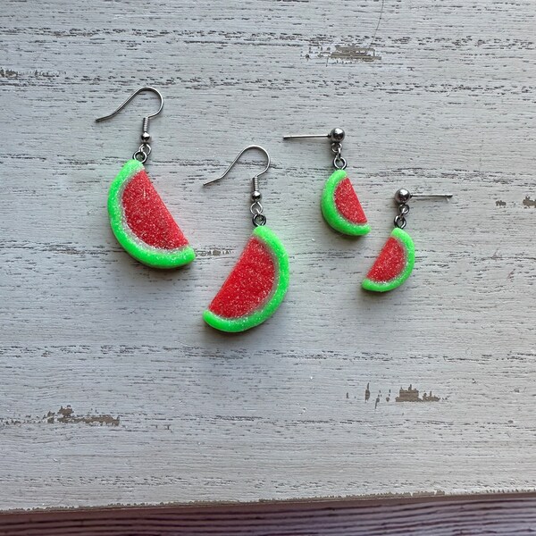 Sour Watermelon Polymer Clay Dangle Earrings Handmade, Candy Earrings, Food Earrings