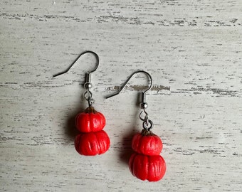 Orange Pumpkin Halloween Hook Earrings, Jack O’ Lantern Earrings, Stacked Pumpkin Earrings, Food Earrings