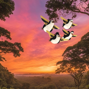 Póster de arte digital de pingüinos voladores de Madagascar