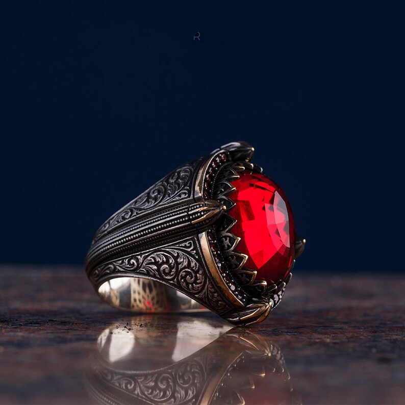 Men's Ring red stone Embroidered Ring Silver Band 925 Etsy