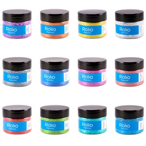 Rolio Pure Set Holographic Glitters - 12 Jars 180 Grams 1/64 & 1/128 size Cosmetic-Grade for Resin, Makeup, Lip Gloss, Nails, Craft Supplies
