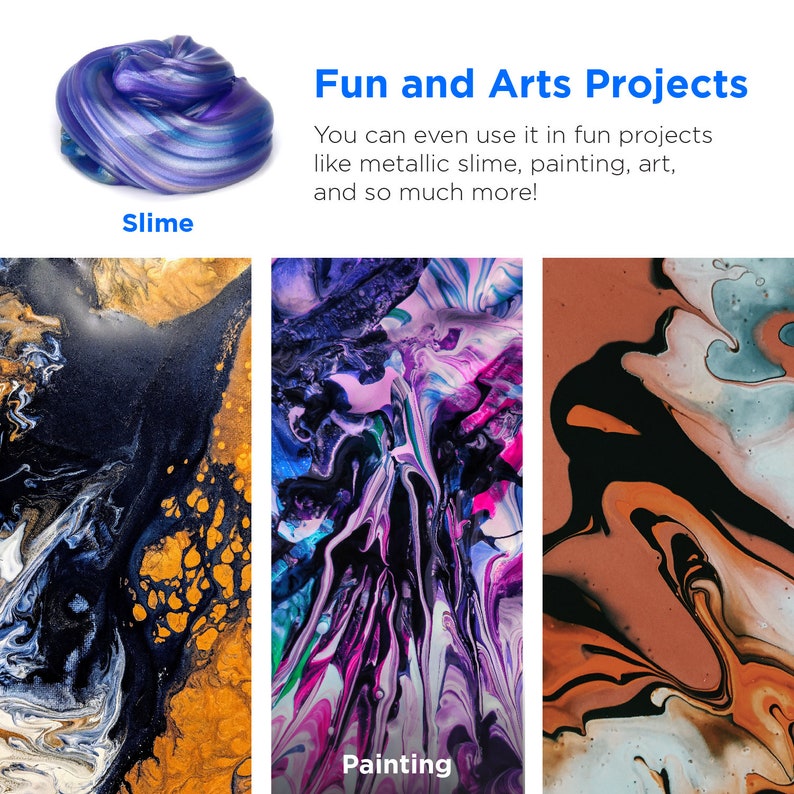 May include: A collage of three images showing different art projects. The first image shows a blue and purple slime. The second image shows a painting with swirls of pink, purple, blue, and white paint. The third image shows a painting with swirls of black, brown, white, and blue paint. The text "Fun and Arts Projects" is at the top of the image. The text "Slime" is below the first image. The text "Painting" is below the second image.