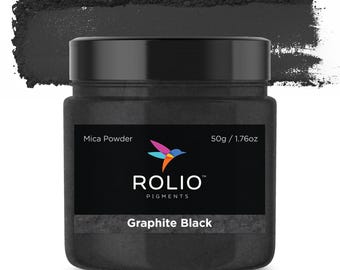 May include: A black jar of mica powder labeled "Graphite Black" with the brand name "ROLIO PIGMENTS" and a hummingbird logo. The jar contains 50g / 1.76oz of powder.