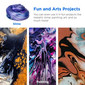 May include: A collage of three images showing different art projects. The first image shows a metallic blue slime. The second image shows a painting with swirls of pink, purple, blue, and green paint. The third image shows a painting with swirls of black, brown, and white paint. The text "Slime" is below the first image and the text "Painting" is below the second image.