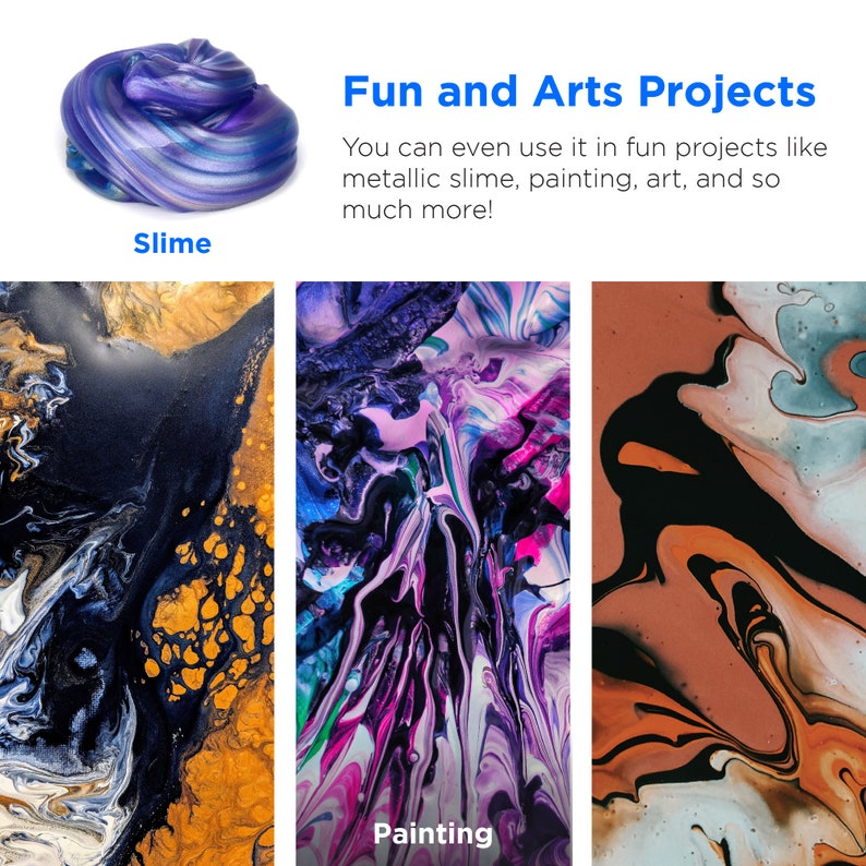 May include: A collage of three images showing different art projects. The first image shows a metallic blue slime. The second image shows a painting with swirls of pink, purple, blue, and green paint. The third image shows a painting with swirls of black, brown, and white paint. The text "Slime" is below the first image and the text "Painting" is below the second image.