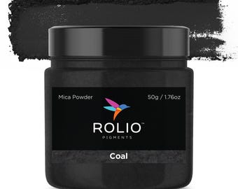 May include: A black jar of mica powder labeled "Rolio Pigments Coal" with a hummingbird logo and the weight "50g / 1.76oz".