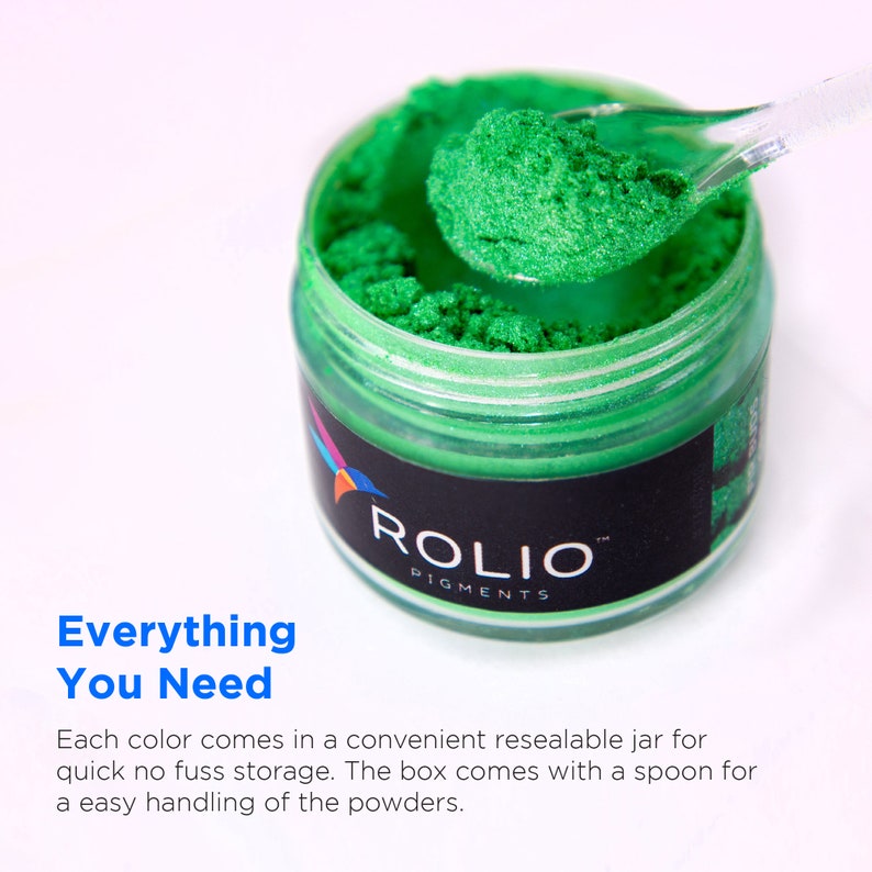 May include: A small jar of green glitter pigment with a black label that says "ROLIO PIGMENTS". A clear plastic spoon is scooping out the glitter. The text "Everything You Need" is written below the jar.