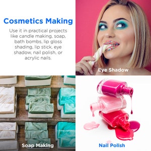 May include: A collage of images showcasing different cosmetic making projects. The top image shows a woman with colourful eye shadow and a candy cane. The bottom left image shows a variety of handmade soaps in different colours. The bottom right image shows three bottles of nail polish in different shades of pink.