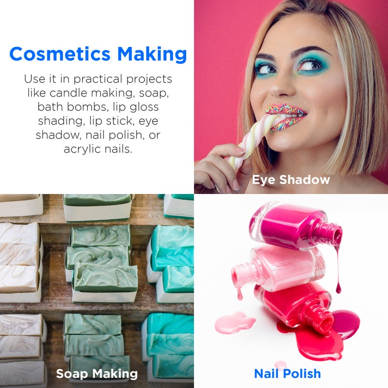 May include: A collage of images showcasing different cosmetic making projects. The top image shows a woman with colourful eye shadow and a candy cane. The bottom left image shows a variety of handmade soaps in different colours. The bottom right image shows three bottles of nail polish in different shades of pink.