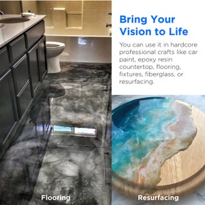 May include: Two images showing the use of epoxy resin. The first image shows a bathroom floor with a gray and silver epoxy resin finish. The second image shows a round wooden coaster with a blue and white epoxy resin design. The text "Bring Your Vision to Life" is displayed above the images. The text "Flooring" is below the first image and the text "Resurfacing" is below the second image.