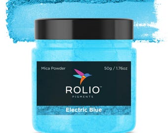 May include: A jar of electric blue mica powder, labeled "Rolio Pigments Electric Blue" with a hummingbird logo and the weight "50g / 1.76oz".
