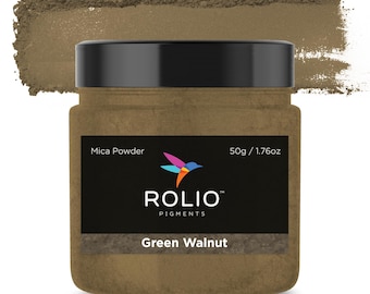 May include: A jar of Green Walnut Mica Powder by Rolio Pigments. The jar is brown with a black lid and a label that says "Mica Powder", "50g / 1.76oz", "Rolio Pigments", and "Green Walnut".