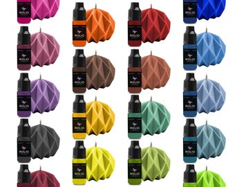 May include: Set of 16 candle dye colors in small bottles with a label that says "ROLIO". Each bottle is next to a small origami-style candle in a corresponding color.