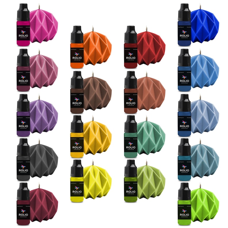 May include: Set of 16 candle dye colors in small bottles with a label that says "ROLIO". Each bottle is next to a small origami-style candle in a corresponding color.