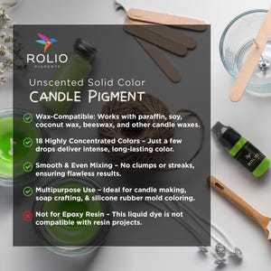 May include: Unscented solid color candle pigment. Wax-compatible: Works with paraffin, soy, coconut wax, beeswax, and other candle waxes. 18 highly concentrated colors. Just a few drops deliver intense, long-lasting color. Smooth & even mixing. No clumps or streaks, ensuring flawless results. Multipurpose use: Ideal for candle making, soap crafting, & silicone rubber mold coloring. Not for epoxy resin. This liquid dye is not compatible with resin projects.