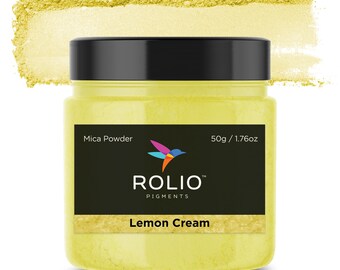 May include: A jar of lemon cream mica powder, labeled "Rolio Pigments" and "Lemon Cream". The jar is 50g / 1.76oz and is on a white background.