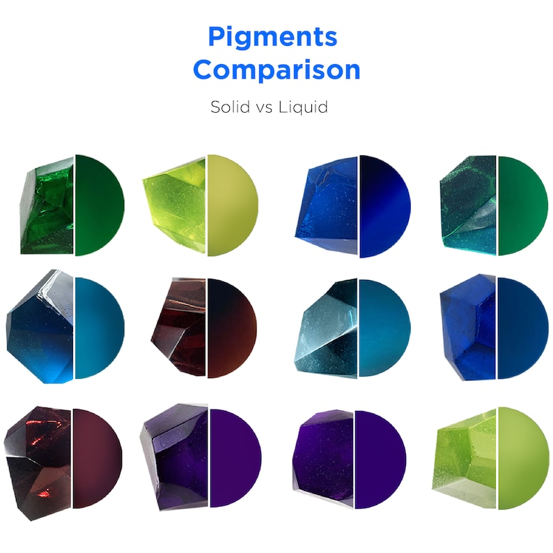 May include: A comparison of pigments in solid and liquid form. The image shows 12 different colors, each displayed in both a solid and liquid state. The colors include green, blue, teal, purple, and brown.