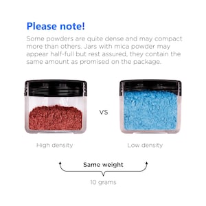 May include: Two jars of powder, one with a high density of red powder and one with a low density of blue powder. Both jars contain 10 grams of powder. "Please note! Some powders are quite dense and may compact more than others. Jars with mica powder may appear half-full but rest assured, they contain the same amount as promised on the package."