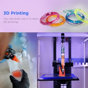 May include: A 3D printer with a red object being printed. The printer is in a clear enclosure with a light blue background. A person is shown adding red resin to a container.