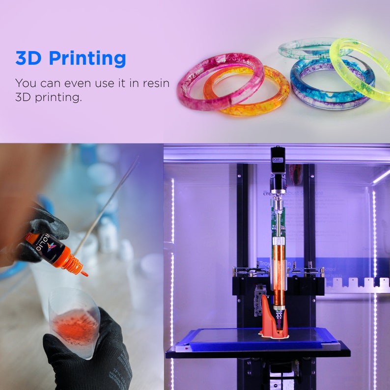 May include: A 3D printer with a red object being printed. The printer is in a clear enclosure with a light blue background. A person is shown adding red resin to a container.
