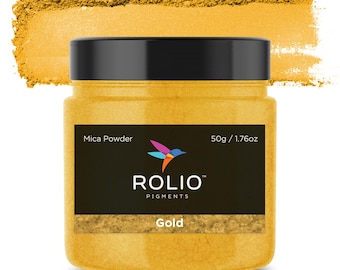 May include: A round jar of gold mica powder with a black lid and label. The label says "Mica Powder", "ROLIO PIGMENTS", and "Gold". The jar contains 50g / 1.76oz of powder.