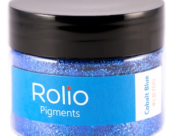May include: A jar of cobalt blue glitter by Rolio Pigments. The jar is labelled with the company name and the colour and number #LB709.