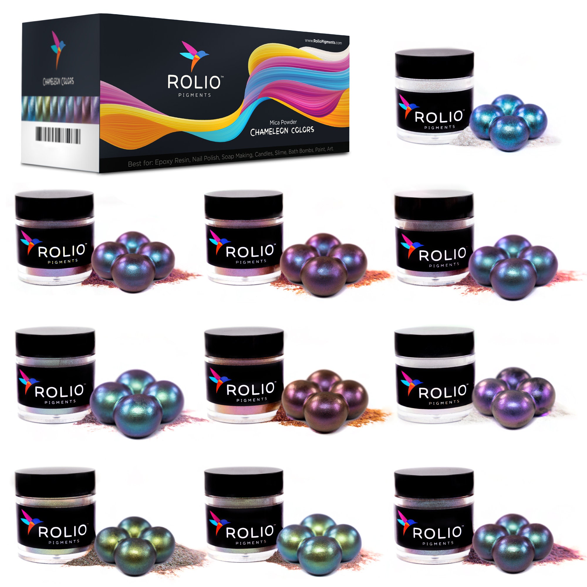 Rolio - Mica Powder - 24 Bags of Pearlescent Color Pigment for Paint, Dye,  Soap Making, Nail Polish, Epoxy Resin, Candle Making, Bath Bombs, Slime 