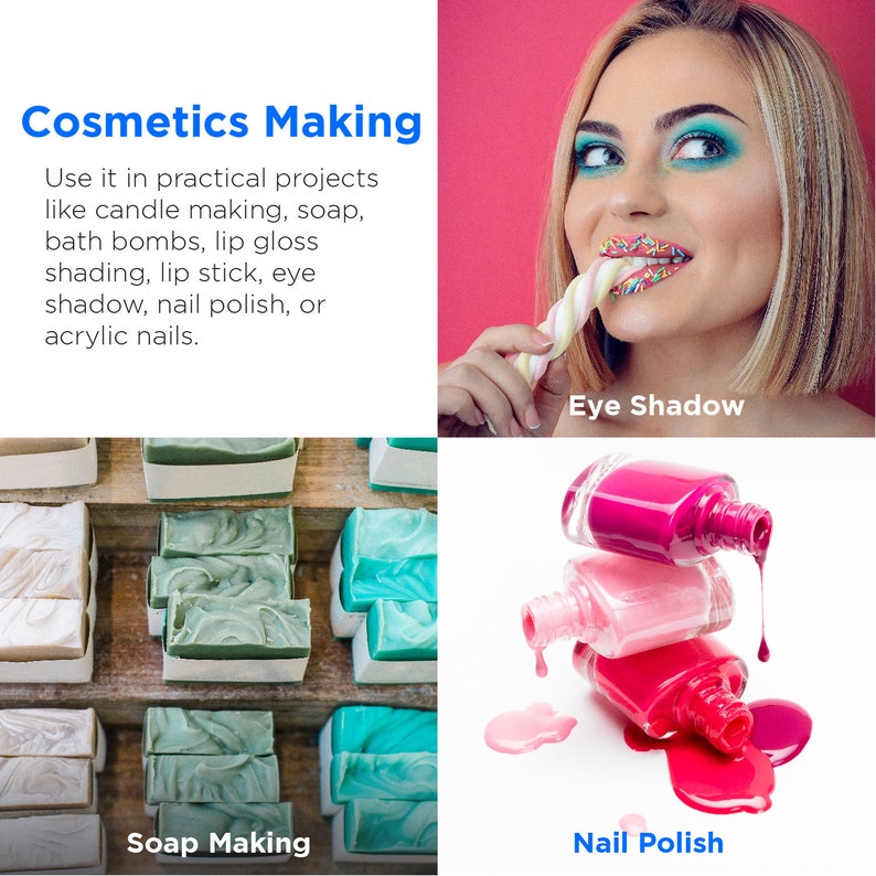 May include: A collage of images showcasing different cosmetic making projects. The top image shows a woman with colorful eye shadow and a candy-coated marshmallow. The bottom left image shows a variety of handmade soap bars. The bottom right image shows three bottles of nail polish in different shades of pink.