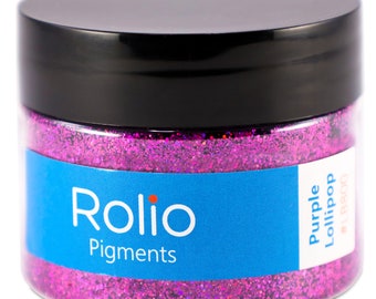 May include: A jar of purple glitter labelled "Rolio Pigments Purple Lollipop #18800"