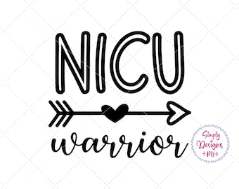 May include: Black and white graphic design with the text "NICU warrior" and an arrow with a heart in the middle. The text "Simply Designs PH" is in a pink circle at the bottom right.