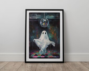 Impresión artística de Halloween de fantasmas bailando bajo una bola de discoteca, arte de pared digital retro espeluznante / decoraciones divertidas de Halloween / decoración de fantasmas de inspiración vintage